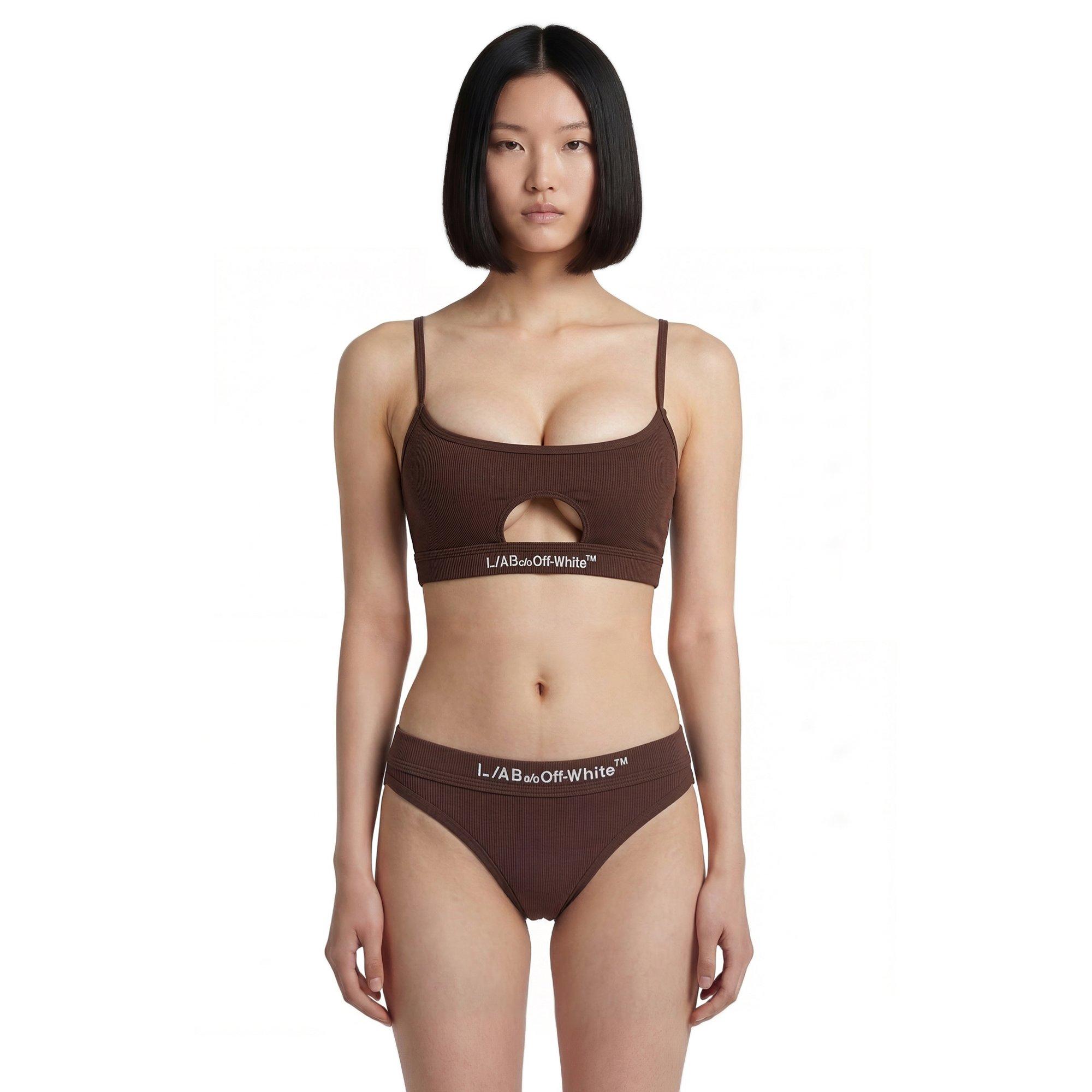 L/AB c/o Off-White Women's Ribbed Texture Solid Scoop Neck Keyhole Bikini Top - Brown - BROWN